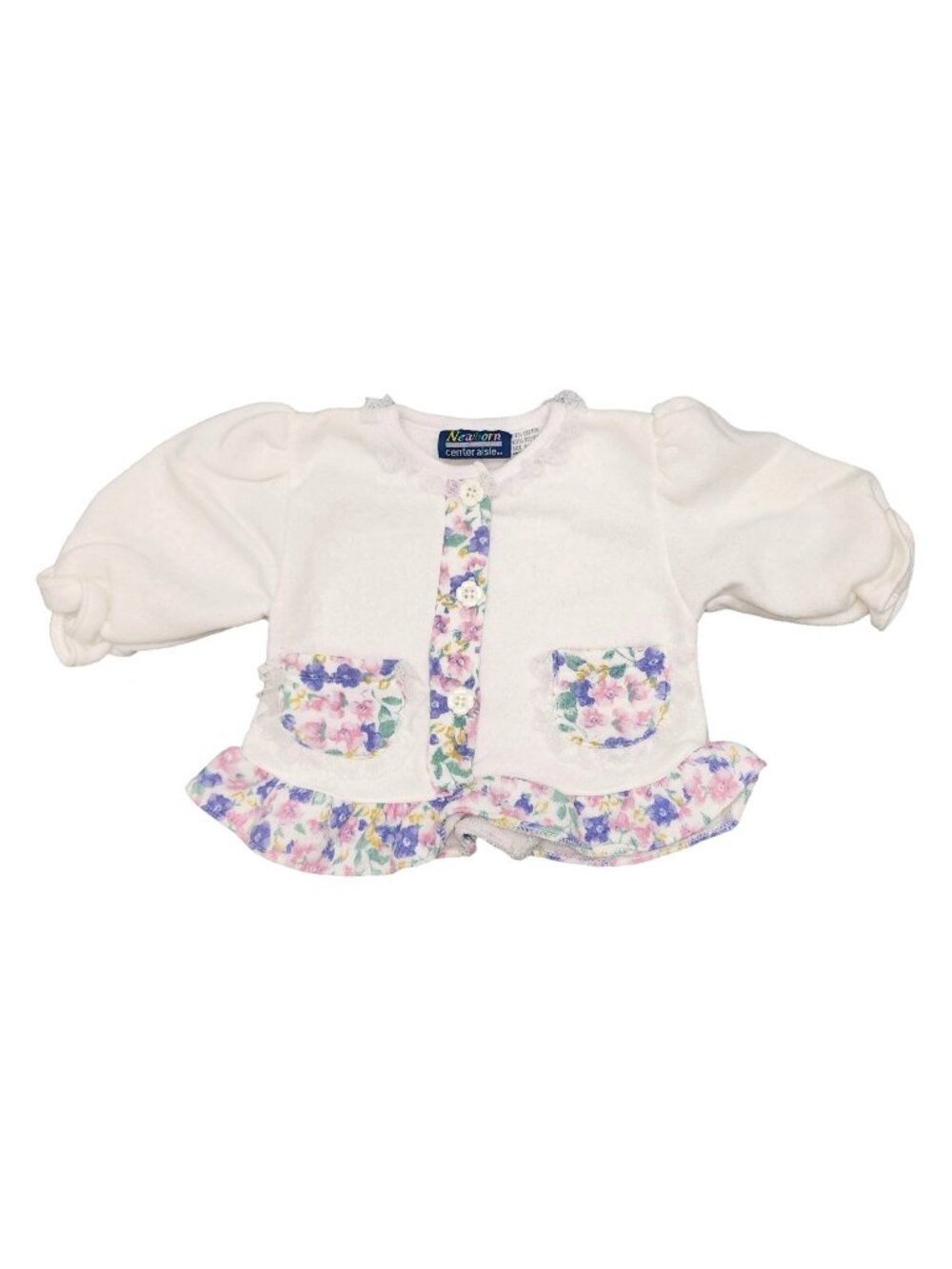Vintage Baby Girls Newborn Center Aisle Sweatshirt Top White Floral Ruffle 0-6 M